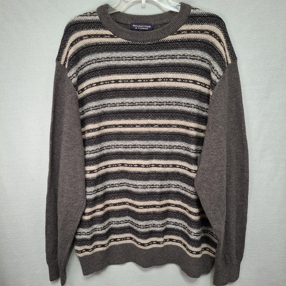 Roundtree & Yorke Men's XL Sweater Pullover Striped Gray‎ Black Wool Blend New